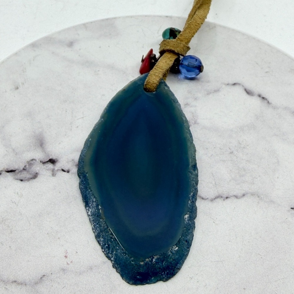 Blue Agate Slice Pendant Necklace Suede Cord Beaded Boho Statement Jewelry Gift